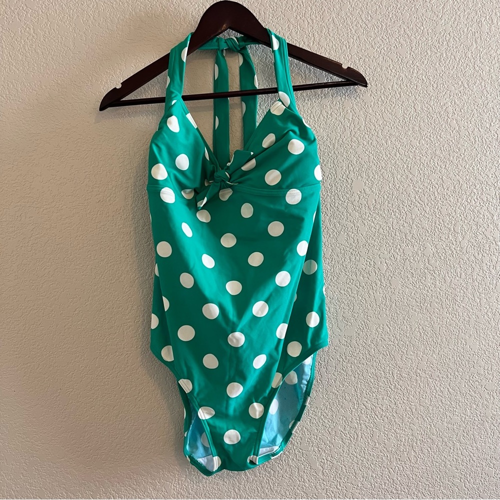 Boden Green Polka Dot Retro Halter Swimsuit Size US 10